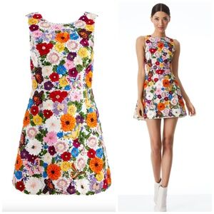 Alice + Olivia LINDSEY Embellished Pouf Mini Dress Multi Floral Flower - Sz 2